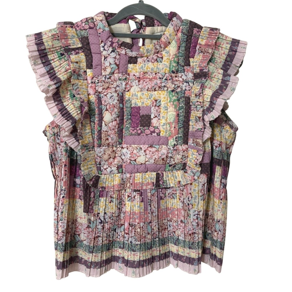 Sea New York‎ Womens S Naya Print Pleated Top Patchwork Quilted Cottagecore Boho